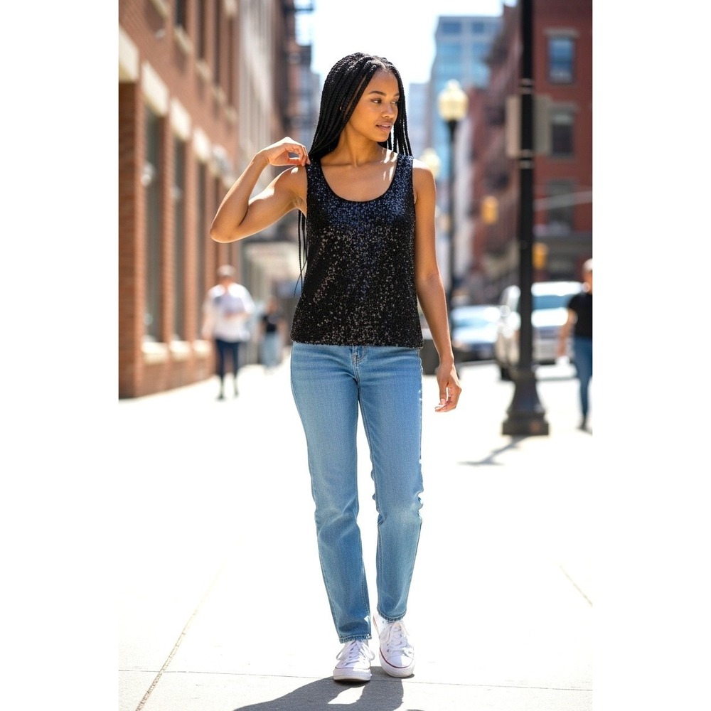 (J-271) Colleen Lopez Black Sequin Tank Top XXS Sleeveless Stretch NWT Party